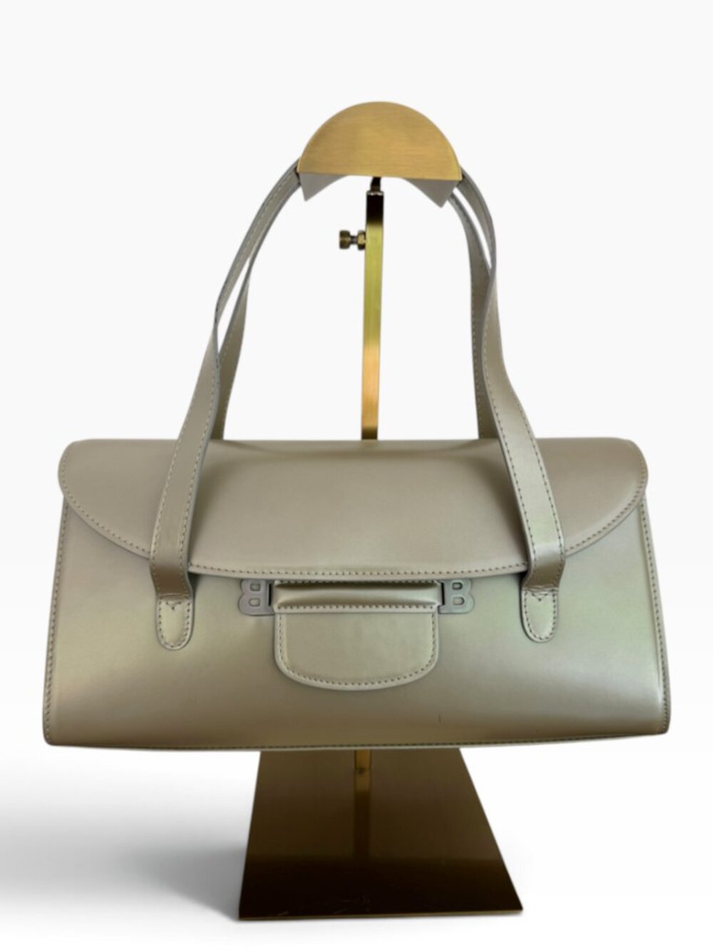 Bally Vintage Metallic Greige Leather Top Handle Bag Double B Hardware